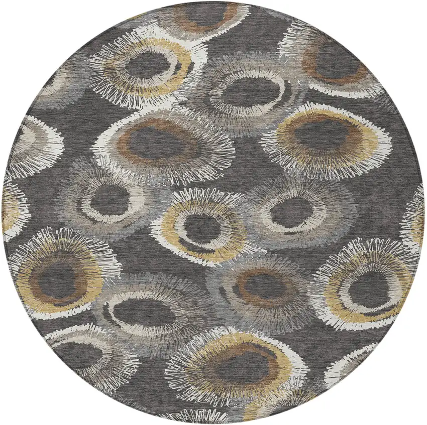 8' Charcoal Ivory And Copper Round Geometric Washable Indoor Outdoor Area Rug Photo 5
