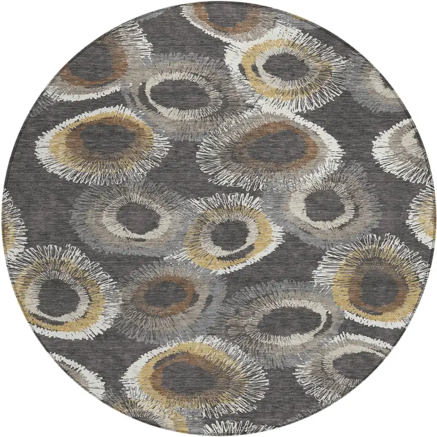 8' Charcoal Ivory And Copper Round Geometric Washable Indoor Outdoor Area Rug Photo 2