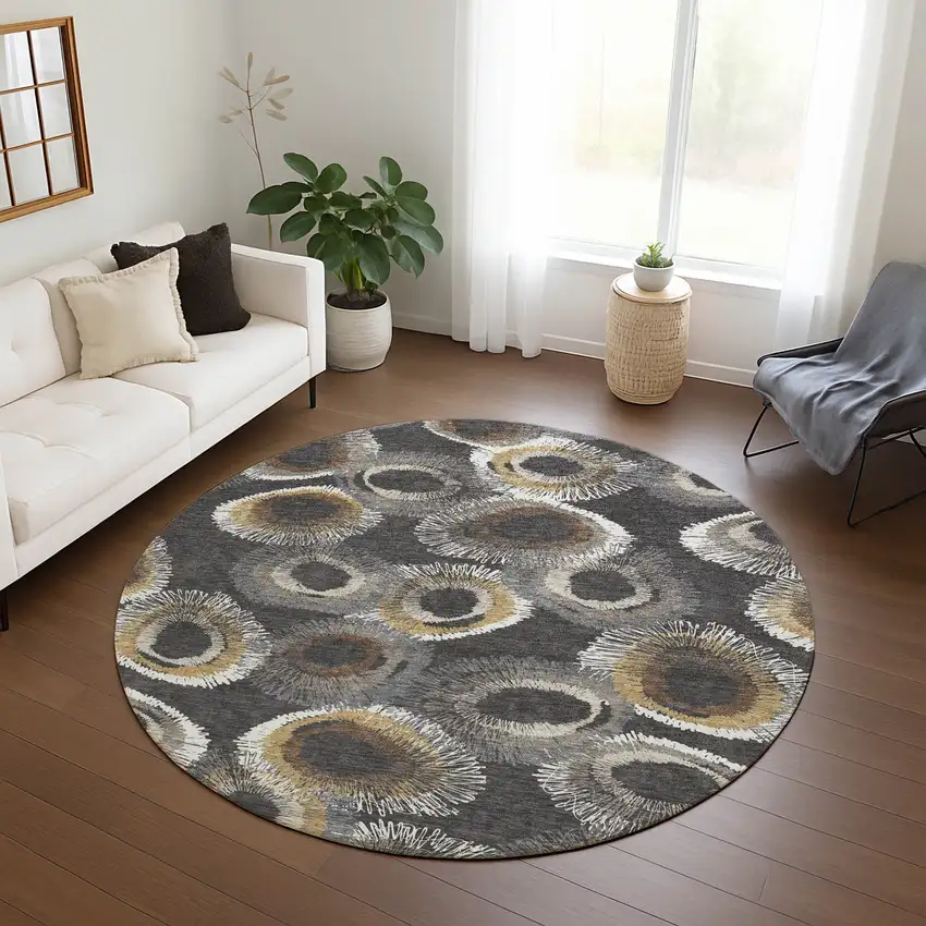 8' Charcoal Ivory And Copper Round Geometric Washable Indoor Outdoor Area Rug Photo 9