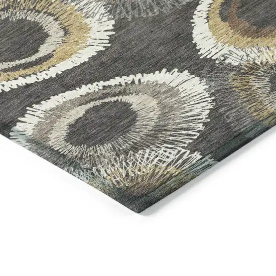 8' Charcoal Ivory And Copper Round Geometric Washable Indoor Outdoor Area Rug Photo 8