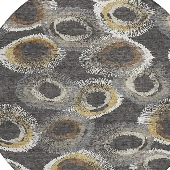 8' Charcoal Ivory And Copper Round Geometric Washable Indoor Outdoor Area Rug Photo 6