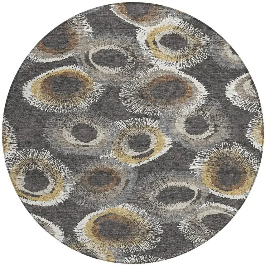 8' Charcoal Ivory And Copper Round Geometric Washable Indoor Outdoor Area Rug Photo 4