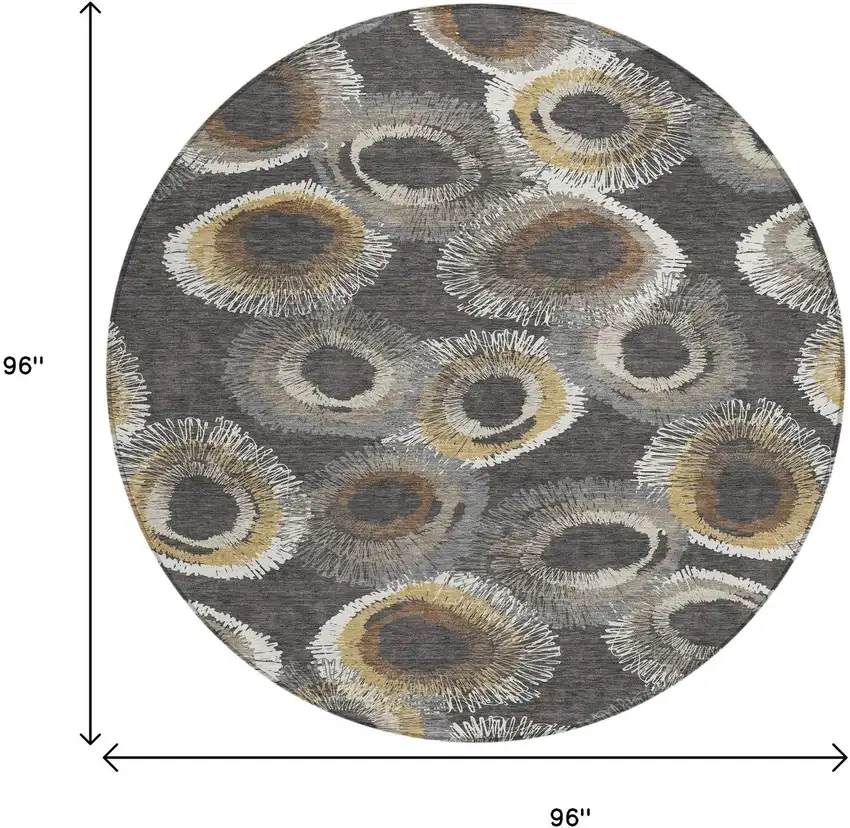 8' Charcoal Ivory And Copper Round Geometric Washable Indoor Outdoor Area Rug Photo 3