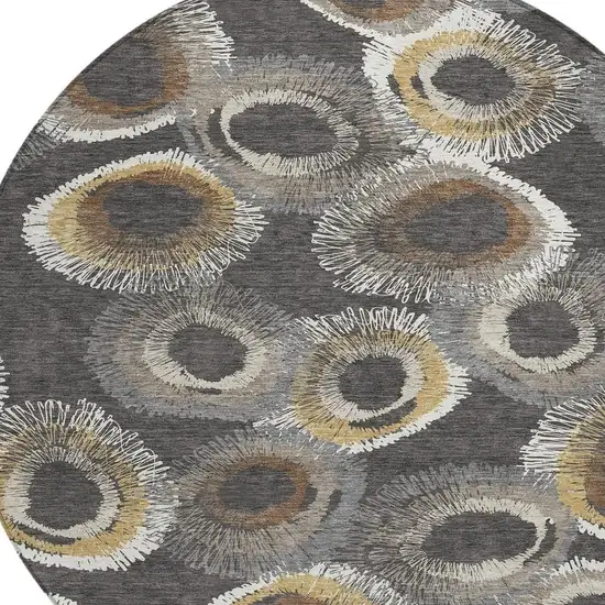 8' Charcoal Ivory And Copper Round Geometric Washable Indoor Outdoor Area Rug Photo 7