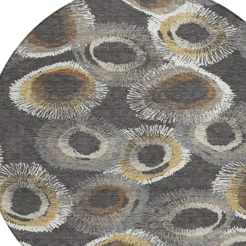 8' Charcoal Ivory And Copper Round Geometric Washable Indoor Outdoor Area Rug Photo 7