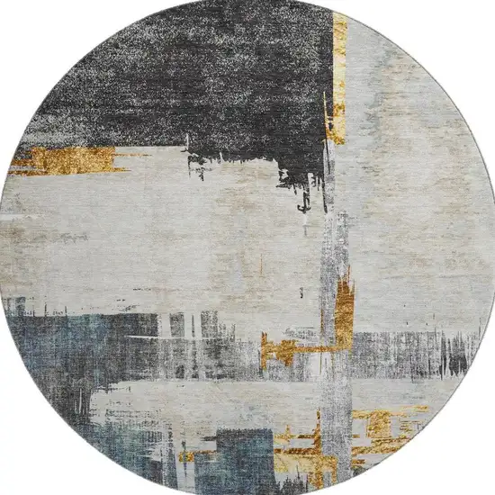 8' Charcoal Ivory And Gold Abstract Washable Round Rug With UV Protection Photo 4