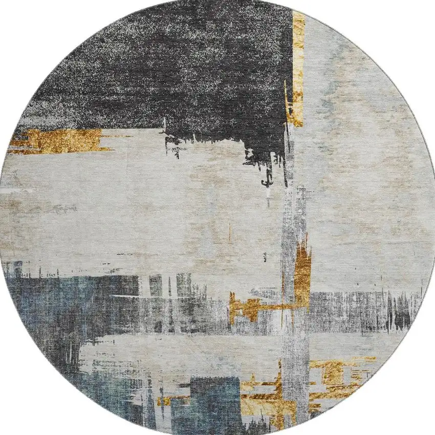 8' Charcoal Ivory And Gold Abstract Washable Round Rug With UV Protection Photo 4
