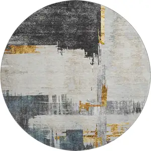Photo of 8' Charcoal Ivory And Gold Abstract Washable Round Rug With UV Protection