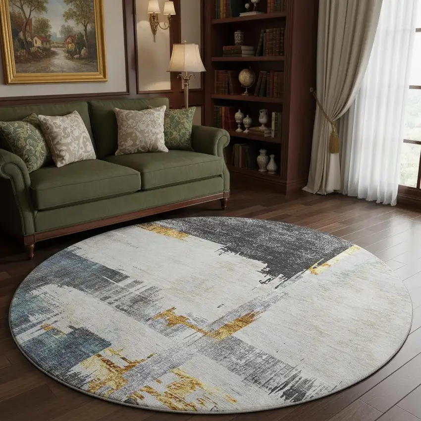 8' Charcoal Ivory And Gold Abstract Washable Round Rug With UV Protection Photo 2