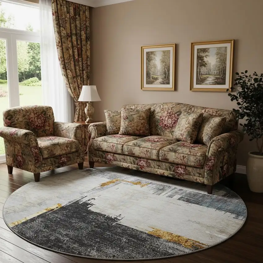 8' Charcoal Ivory And Gold Abstract Washable Round Rug With UV Protection Photo 1