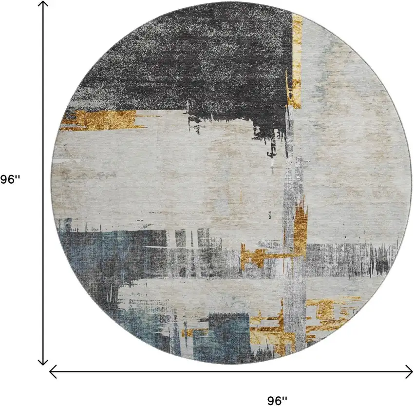 8' Charcoal Ivory And Gold Abstract Washable Round Rug With UV Protection Photo 3