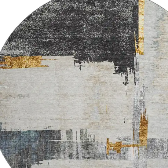 8' Charcoal Ivory And Gold Abstract Washable Round Rug With UV Protection Photo 3