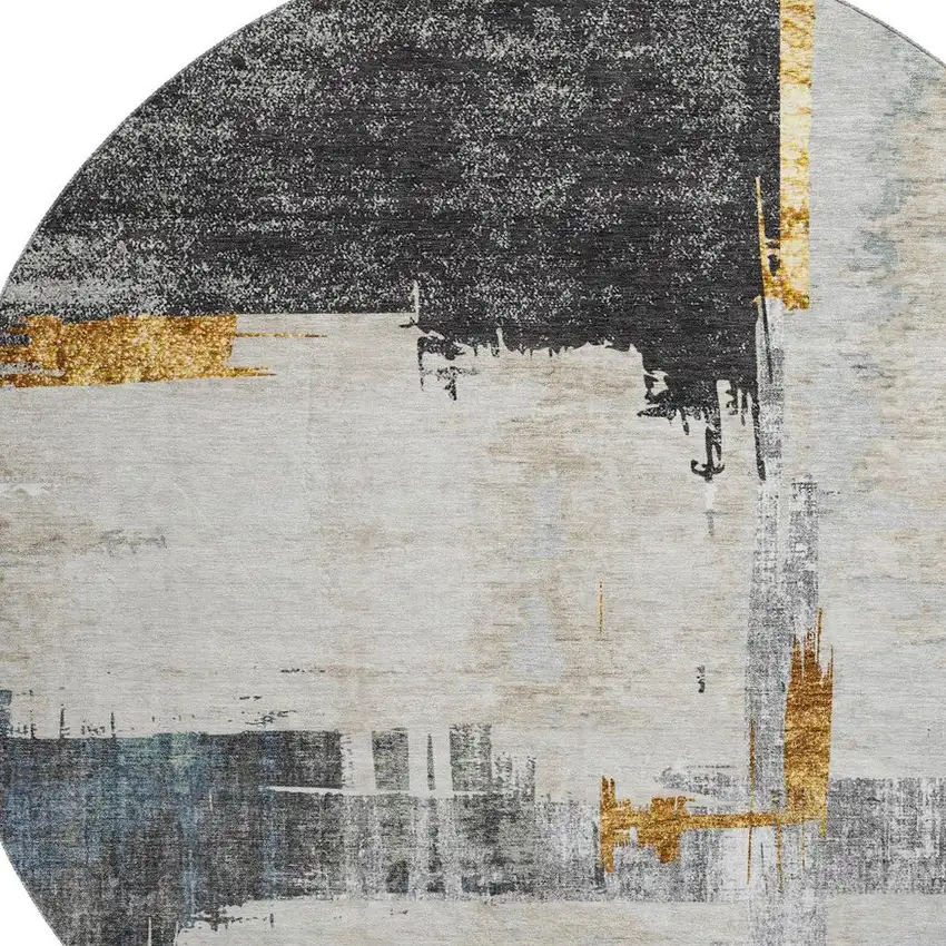 8' Charcoal Ivory And Gold Abstract Washable Round Rug With UV Protection Photo 3