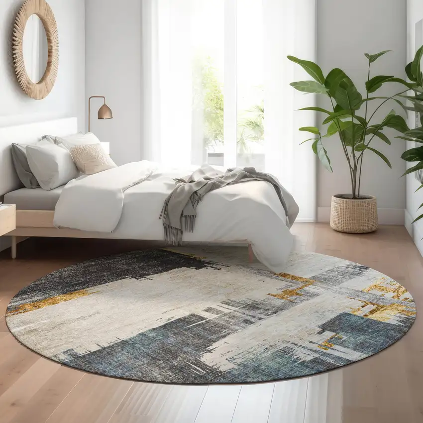 8' Charcoal Ivory And Gold Abstract Washable Round Rug With UV Protection Photo 5