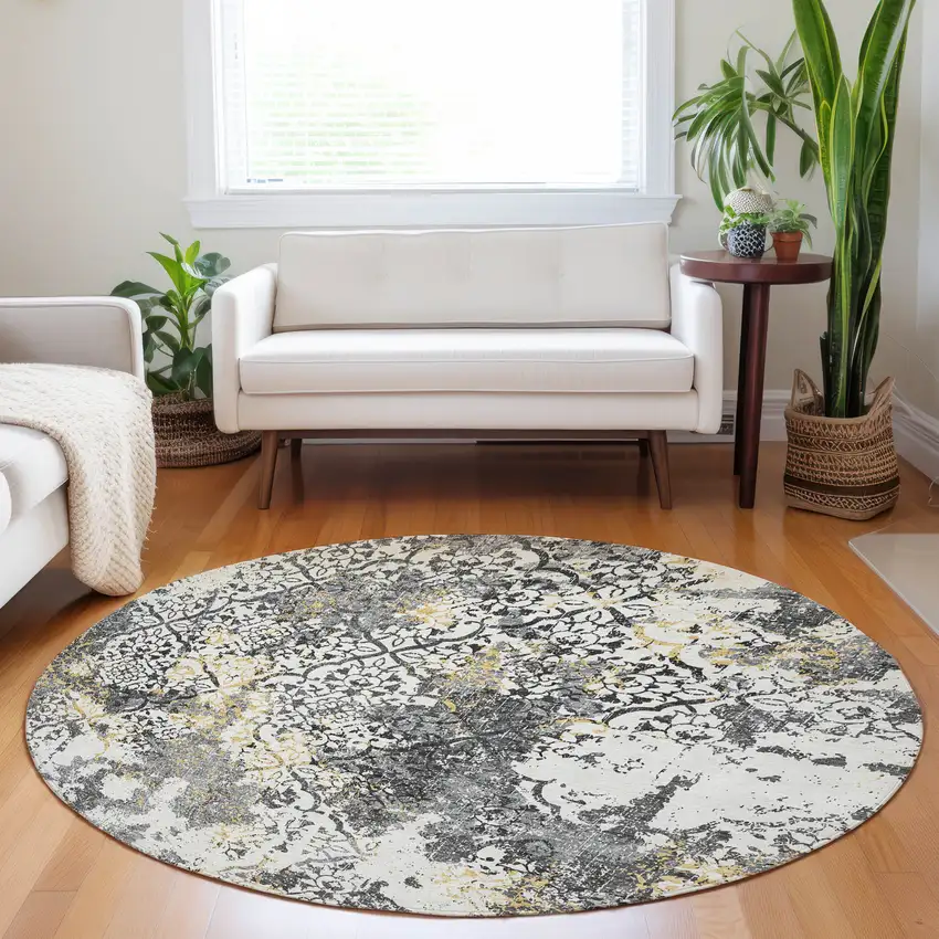 8' Charcoal Ivory And Gold Abstract Washable Round Rug With UV Protection Photo 5