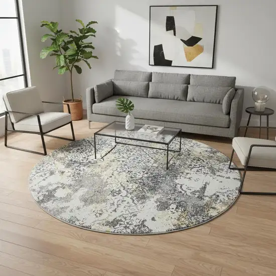 8' Charcoal Ivory And Gold Abstract Washable Round Rug With UV Protection Photo 2