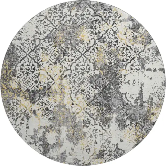 8' Charcoal Ivory And Gold Abstract Washable Round Rug With UV Protection Photo 1