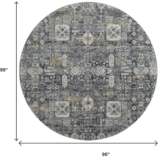 8' Charcoal Ivory And Gold Floral Washable Round Rug With UV Protection Photo 9