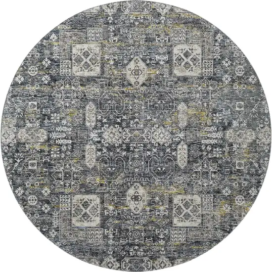 8' Charcoal Ivory And Gold Floral Washable Round Rug With UV Protection Photo 3