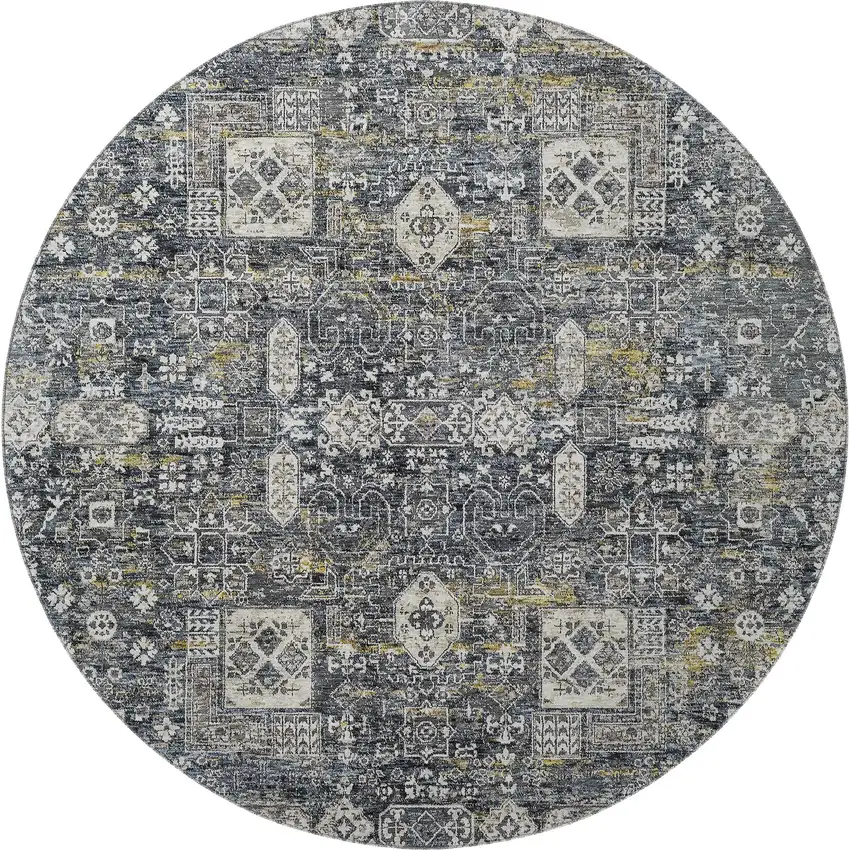 8' Charcoal Ivory And Gold Floral Washable Round Rug With UV Protection Photo 3