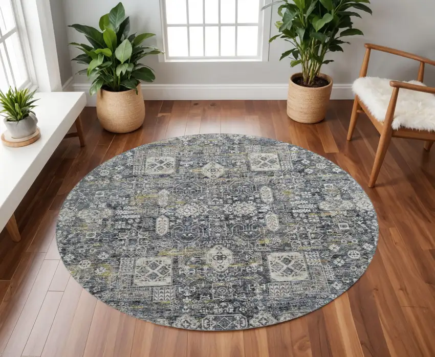 8' Charcoal Ivory And Gold Floral Washable Round Rug With UV Protection Photo 2