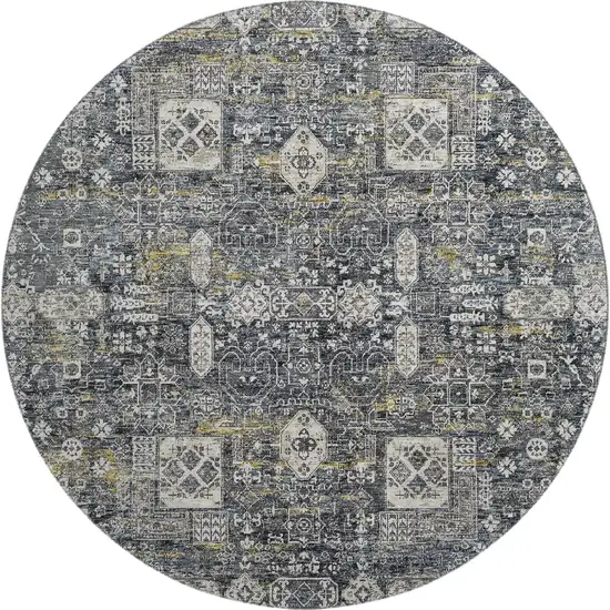 8' Charcoal Ivory And Gold Floral Washable Round Rug With UV Protection Photo 1
