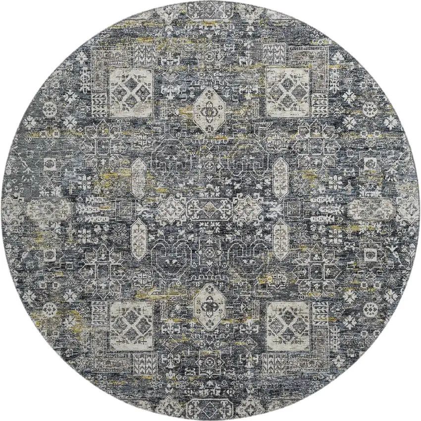 8' Charcoal Ivory And Gold Floral Washable Round Rug With UV Protection Photo 1