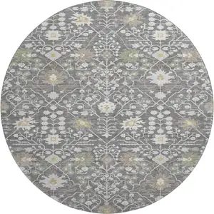 Photo of 8' Charcoal Ivory And Gold Oriental Washable Round Rug With UV Protection