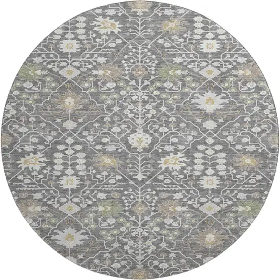 8' Charcoal Ivory And Gold Oriental Washable Round Rug With UV Protection Photo 1