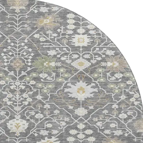 8' Charcoal Ivory And Gold Oriental Washable Round Rug With UV Protection Photo 3