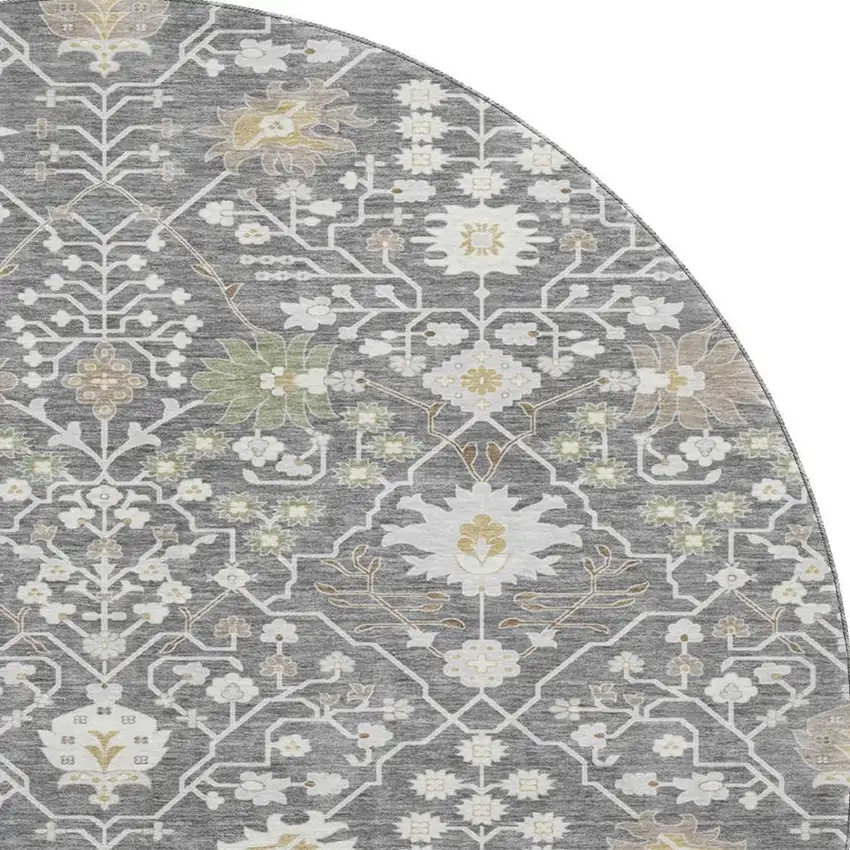 8' Charcoal Ivory And Gold Oriental Washable Round Rug With UV Protection Photo 3