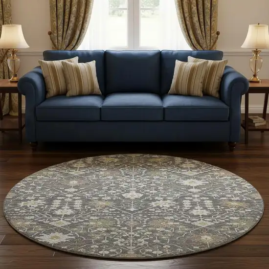 8' Charcoal Ivory And Gold Oriental Washable Round Rug With UV Protection Photo 2