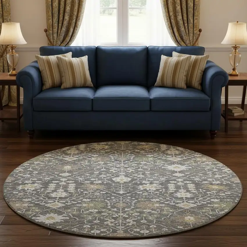 8' Charcoal Ivory And Gold Oriental Washable Round Rug With UV Protection Photo 2