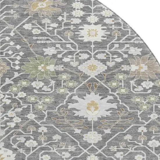 8' Charcoal Ivory And Gold Oriental Washable Round Rug With UV Protection Photo 2