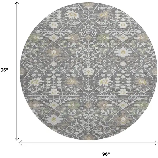 8' Charcoal Ivory And Gold Oriental Washable Round Rug With UV Protection Photo 9