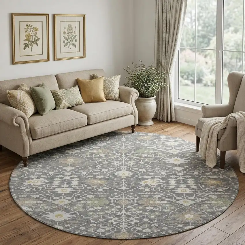 8' Charcoal Ivory And Gold Oriental Washable Round Rug With UV Protection Photo 1