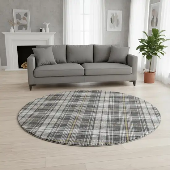 8' Charcoal Ivory And Gold Plaid Washable Round Rug With UV Protection Photo 2