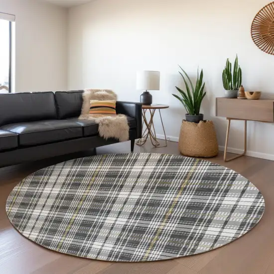 8' Charcoal Ivory And Gold Plaid Washable Round Rug With UV Protection Photo 3