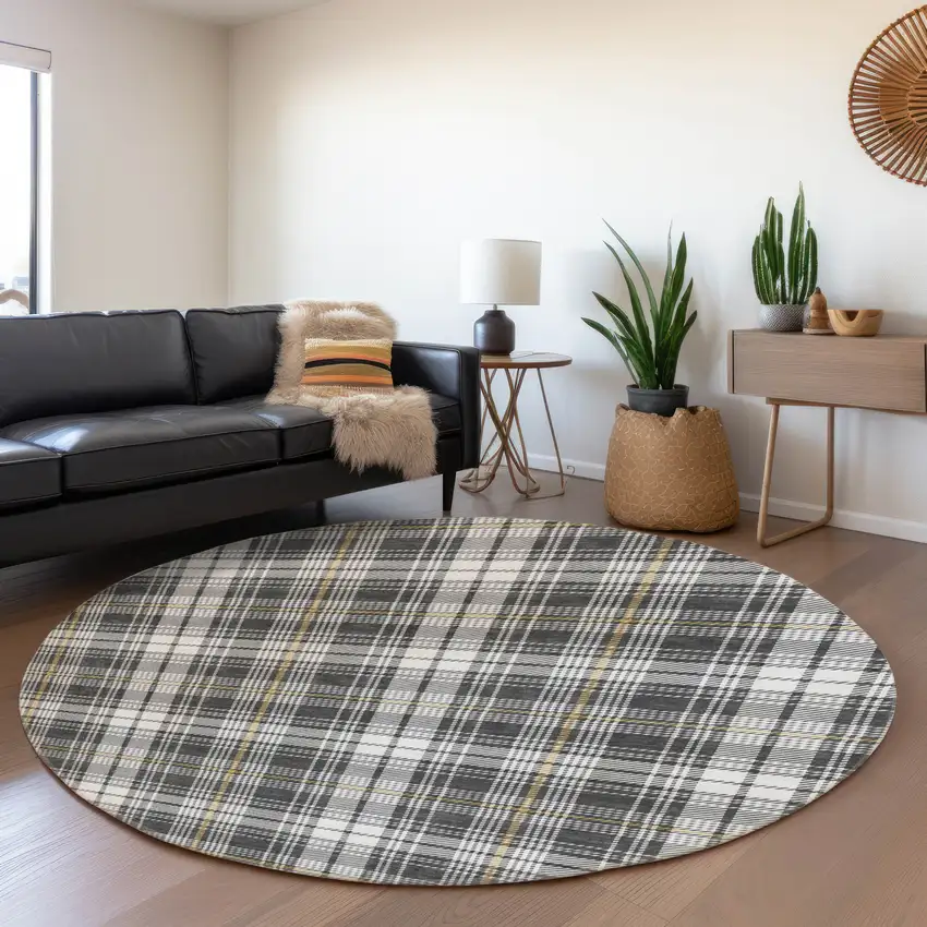 8' Charcoal Ivory And Gold Plaid Washable Round Rug With UV Protection Photo 3