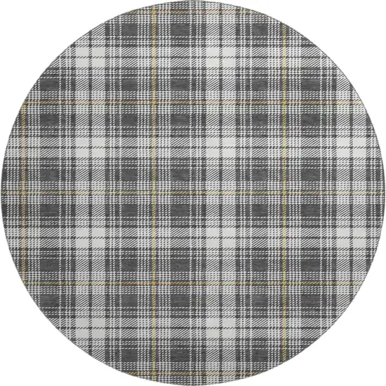 8' Charcoal Ivory And Gold Plaid Washable Round Rug With UV Protection Photo 1