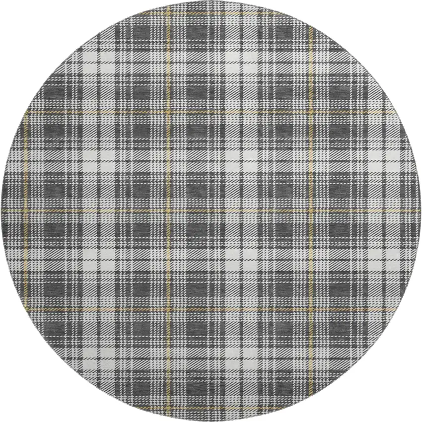 8' Charcoal Ivory And Gold Plaid Washable Round Rug With UV Protection Photo 1