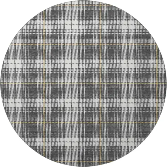 8' Charcoal Ivory And Gold Plaid Washable Round Rug With UV Protection Photo 2