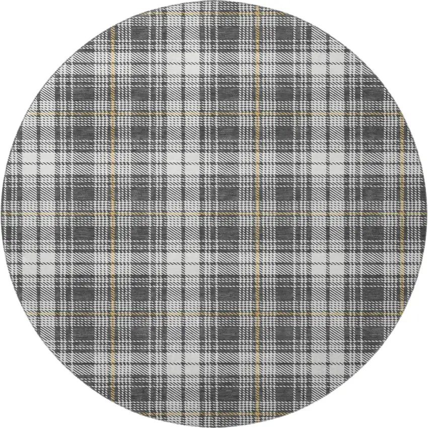 8' Charcoal Ivory And Gold Plaid Washable Round Rug With UV Protection Photo 2