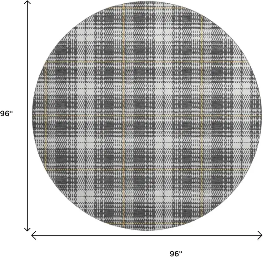 8' Charcoal Ivory And Gold Plaid Washable Round Rug With UV Protection Photo 8