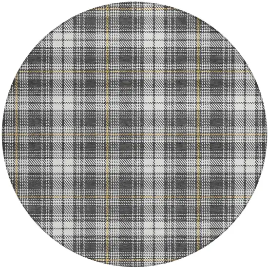 8' Charcoal Ivory And Gold Round Plaid Washable Indoor Outdoor Area Rug Photo 2