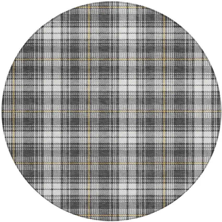 8' Charcoal Ivory And Gold Round Plaid Washable Indoor Outdoor Area Rug Photo 2