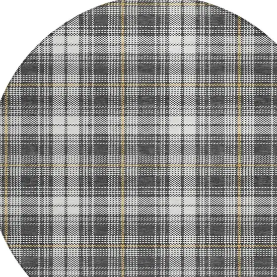 8' Charcoal Ivory And Gold Round Plaid Washable Indoor Outdoor Area Rug Photo 5