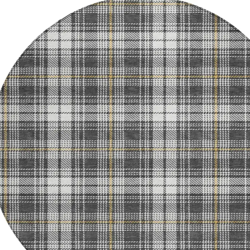 8' Charcoal Ivory And Gold Round Plaid Washable Indoor Outdoor Area Rug Photo 5