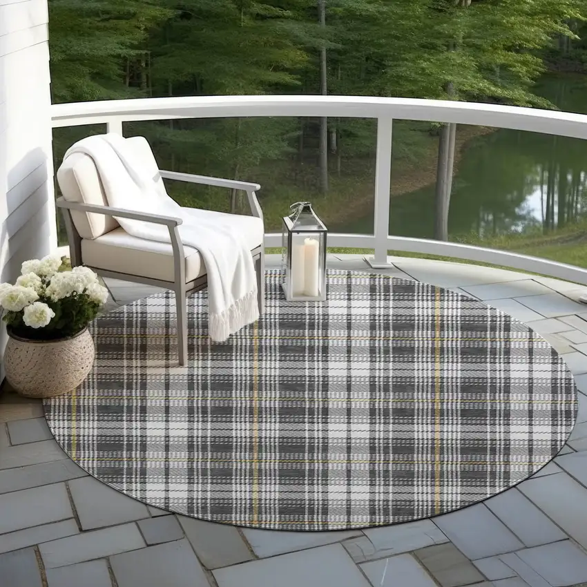 8' Charcoal Ivory And Gold Round Plaid Washable Indoor Outdoor Area Rug Photo 6