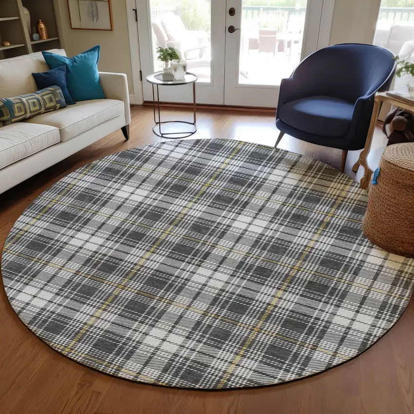 8' Charcoal Ivory And Gold Round Plaid Washable Indoor Outdoor Area Rug Photo 7